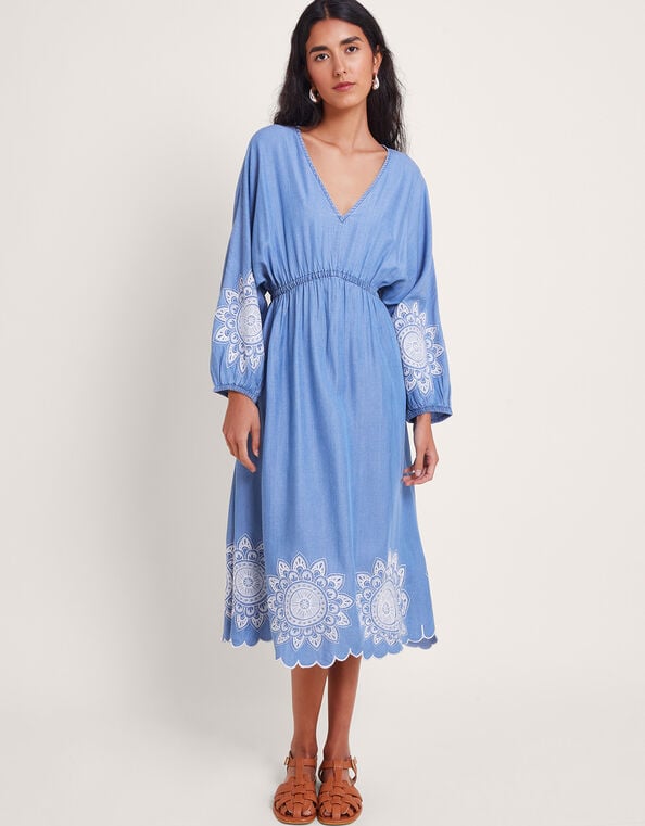 Tabitha Embroidered Denim Dress, Blue (DENIM BLUE), large