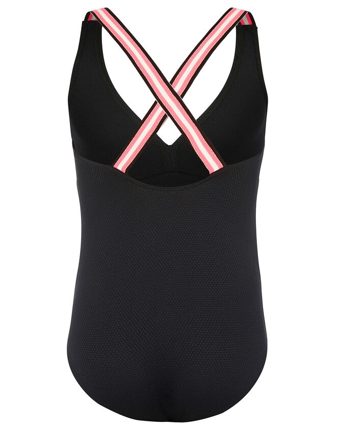 Sporty Strap Textured Swimsuit, Black (BLACK), large