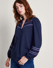 Talia Embroidered Tape Shirt, Blue (NAVY), large