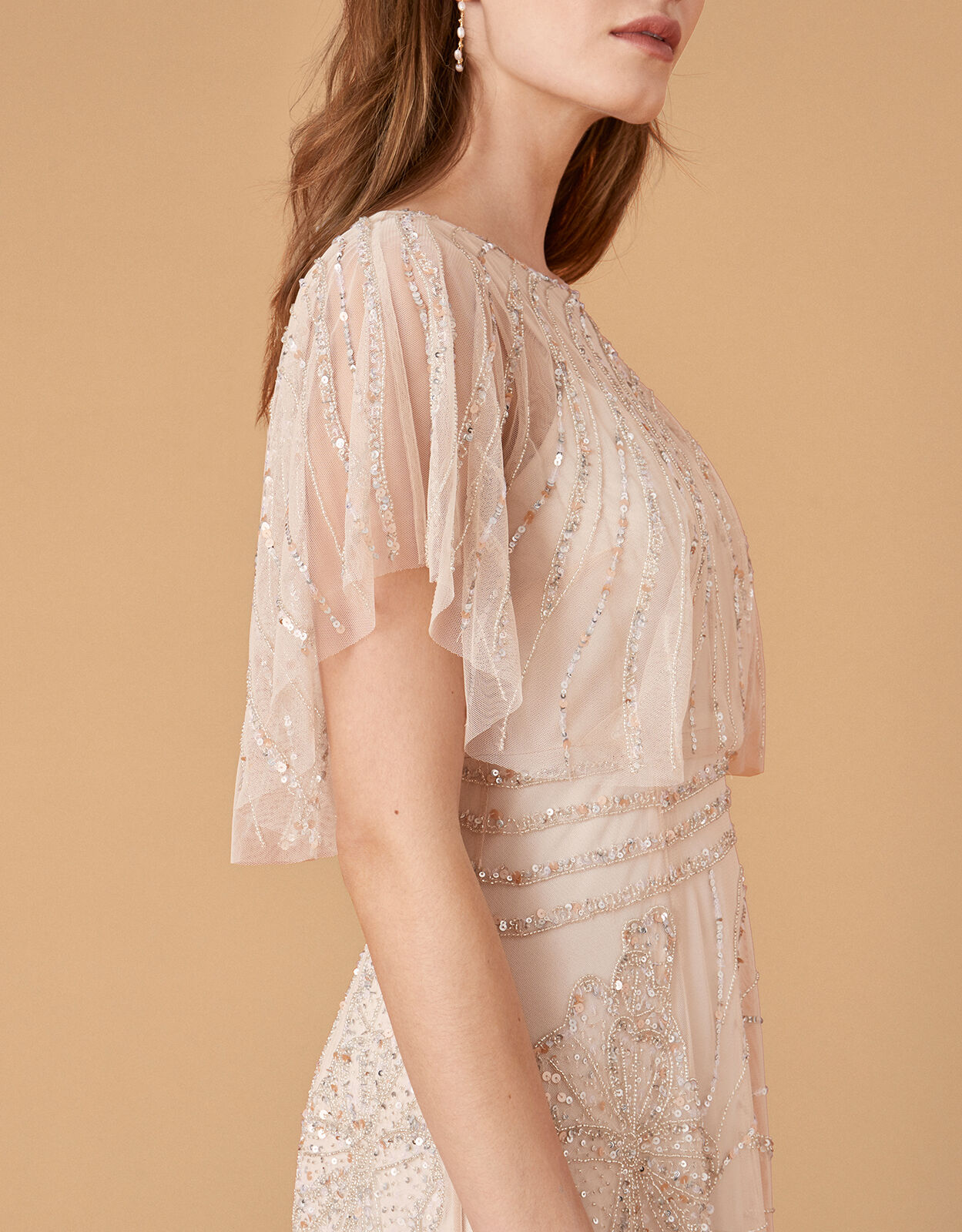 Florence Embellished Flutter Sleeve Maxi Dress Nude