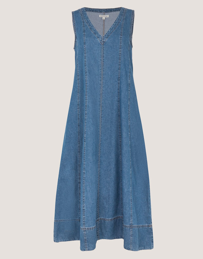 Tessa Sleeveless Denim Midi Dress, Blue (MID AUTHENTIC BLUE), large