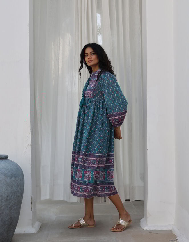 Dilli Grey Priya Block Print Midi Dress, Teal (TEAL), large