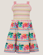 Floral Print Shirred Dress, White (WHITE), large
