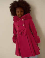 Faux Fur Hood Bow Coat, Red (BURGUNDY), large