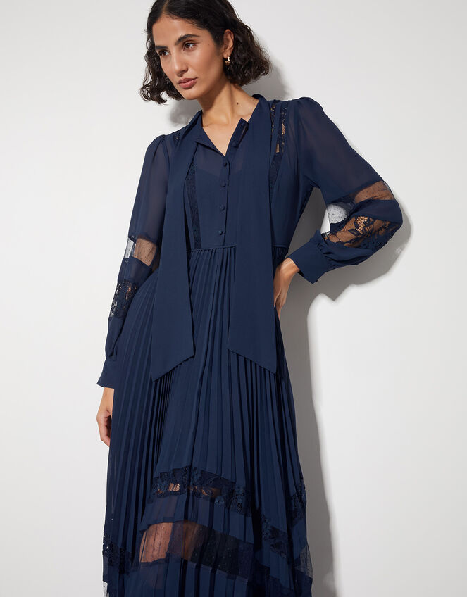 Florence Lace Insert Pleated Midi Dress, Blue (NAVY), large