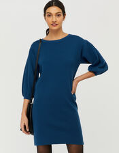 Jenna Balloon Sleeve Knitted Dress in Recycled Polyester, Teal (TEAL), large
