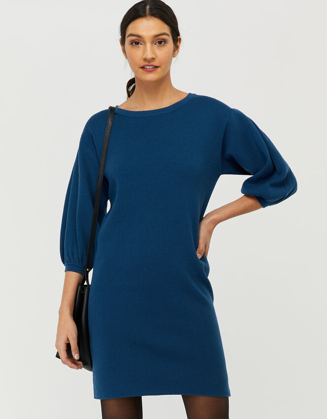Jenna Balloon Sleeve Knitted Dress in Recycled Polyester, Teal (TEAL), large