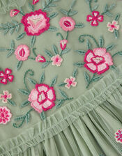 Floral Embroidered Ruffle Tulle Dress, Green (GREEN), large