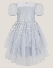 Sequin Puff Sleeve Tiered Party Dress, Blue (BLUE), large