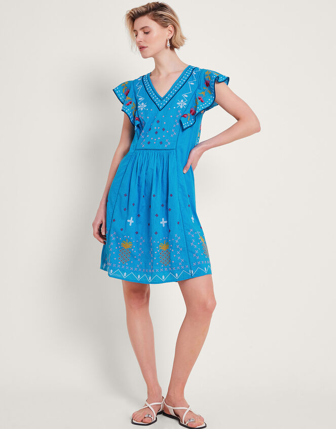 Prue Embroidered Ruffle Mini Dress, Blue (BLUE), large