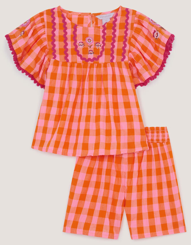 Gingham Print Top & Shorts Set, Orange (ORANGE), large