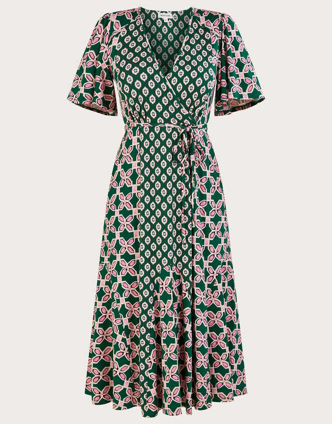 Contrast Geometric Print Wrap Midi Dress Green | Work Dresses | Monsoon UK.