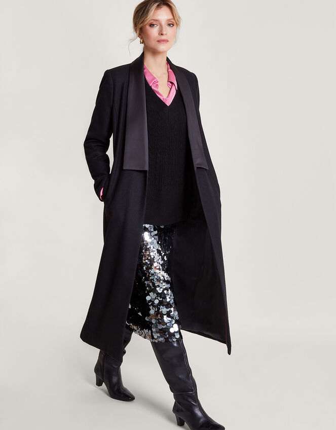 Tallulah Wool-Rich Long Tuxedo Coat Black