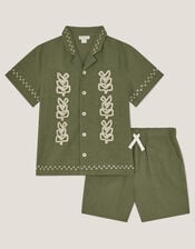 Embroidered Shirt and Shorts Set, Green (KHAKI), large