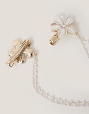 Flower Pearl Chain Double Hair Clip, , large