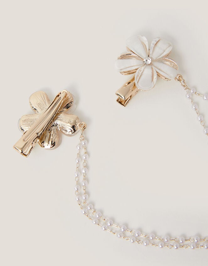 Flower Pearl Chain Double Hair Clip, , large
