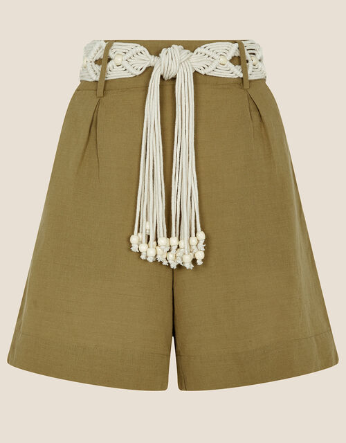 Linen Shorts with Macrame Belt, Green (KHAKI), large