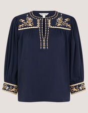 Emi Embroidered Cotton Jersey Top, Blue (NAVY), large