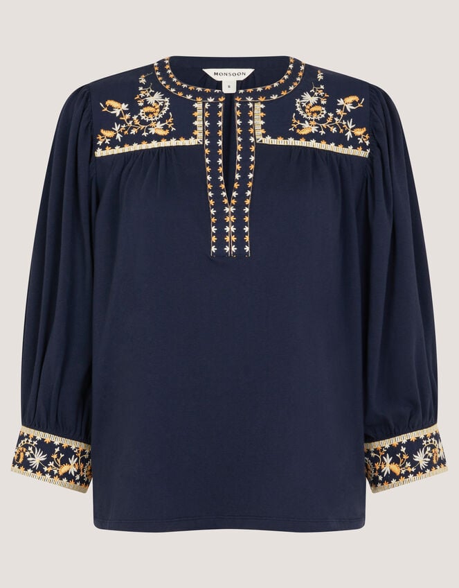 Emi Embroidered Cotton Jersey Top, Blue (NAVY), large