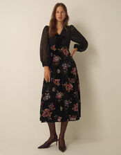 Abril V-Neck Floral Devor&eacute; Velvet Midi Dress , Black (BLACK), large