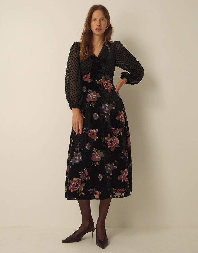Abril V-Neck Floral Devor&eacute; Velvet Midi Dress , Black (BLACK), large