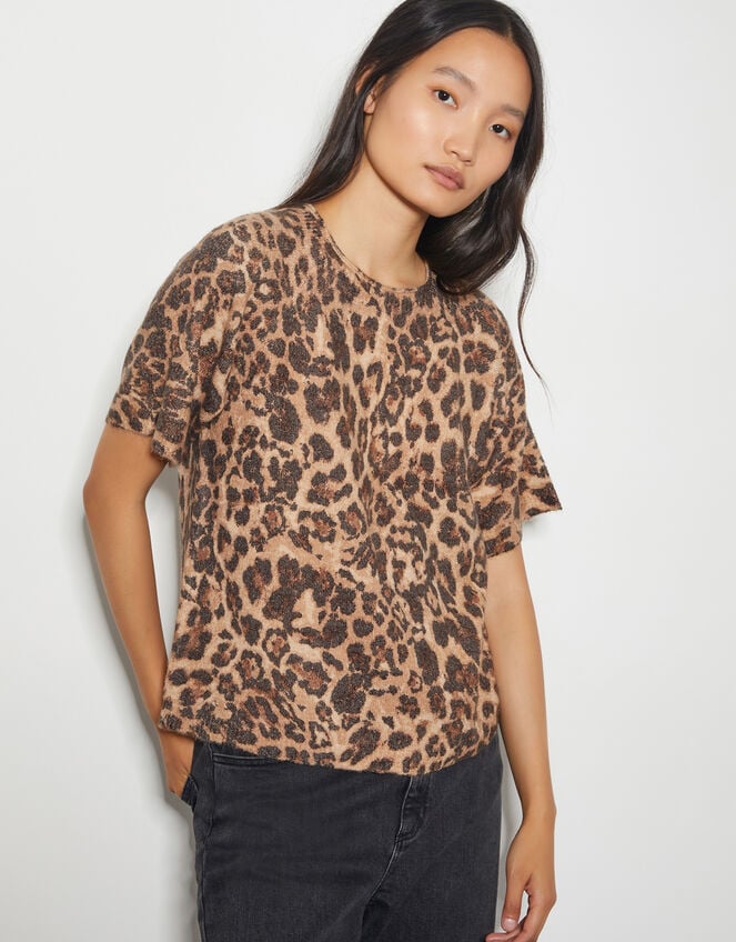 Amy Leopard Print Short Sleeve Jumper, Brown (BROWN), large