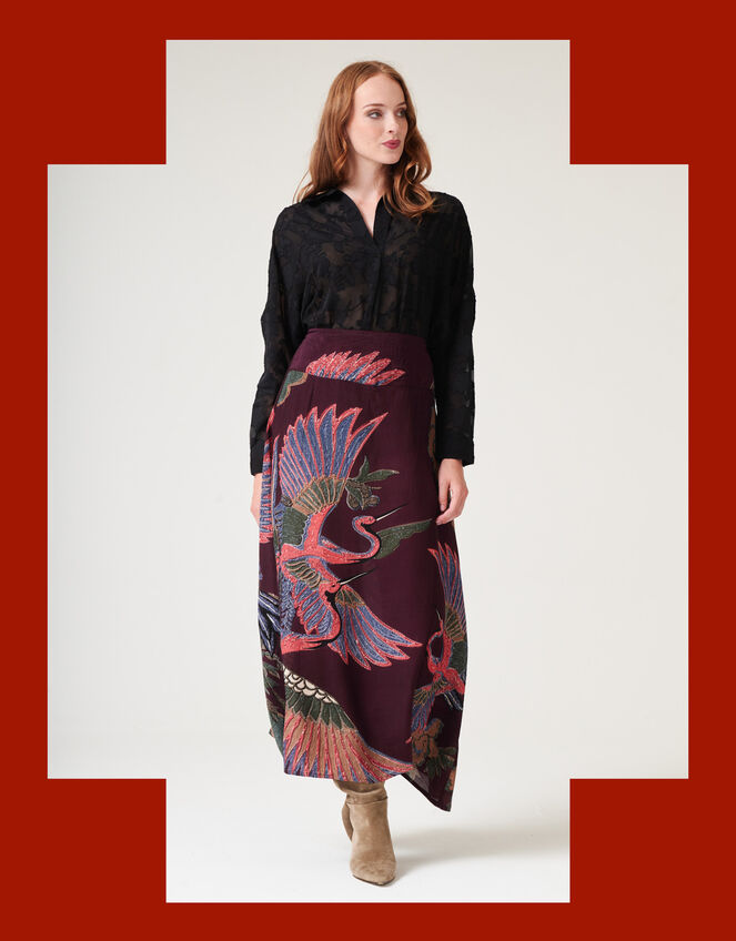 One Hundred Stars Crane Print Midi Skirt, Purple (PLUM), large