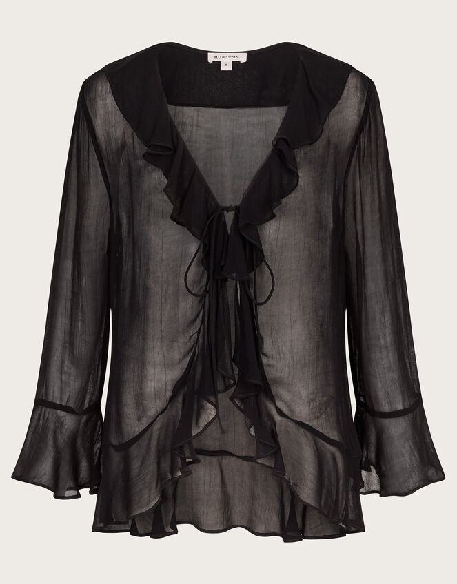 Fiona Sheer Frill Tie-Front Blouse, Black (BLACK), large