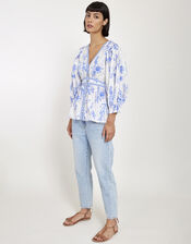 East Print Long Sleeve Blouse, Blue (BLUE), large