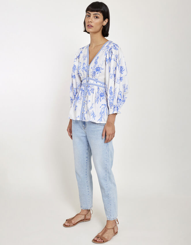 East Print Long Sleeve Blouse, Blue (BLUE), large
