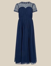 Keira Beaded Short Sleeve Prom Dress, Blue (NAVY), large