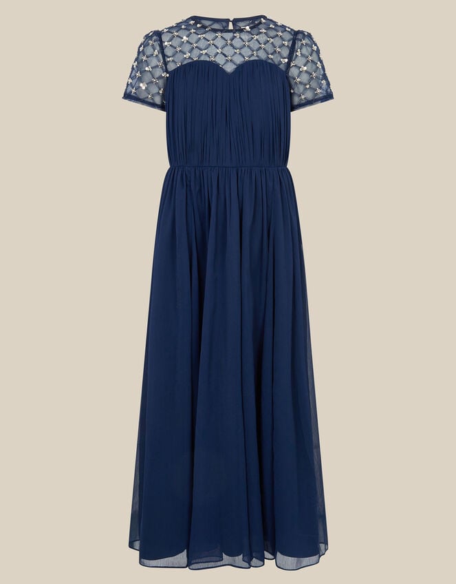 Keira Beaded Short Sleeve Prom Dress, Blue (NAVY), large