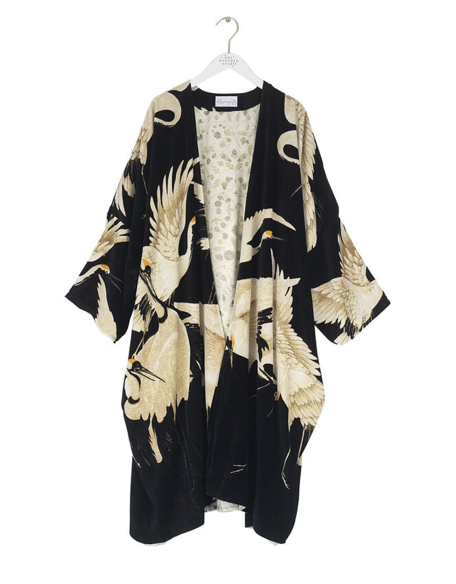One Hundred Stars Velvet Stork Print Kimono, , large