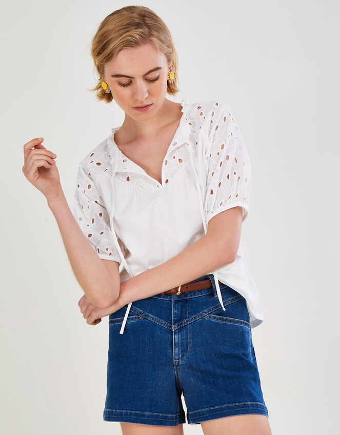 Broderie Sleeve Jersey Top in Sustainable Cotton, Ivory (IVORY), large