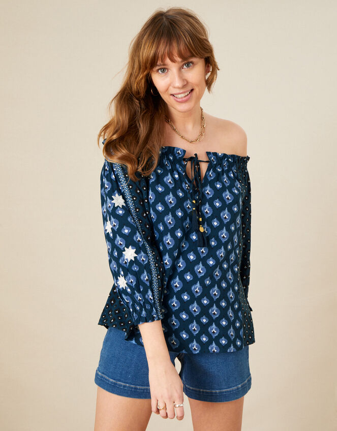 Patch Print Embellished Sleeve Bardot Top, Blue (NAVY), large