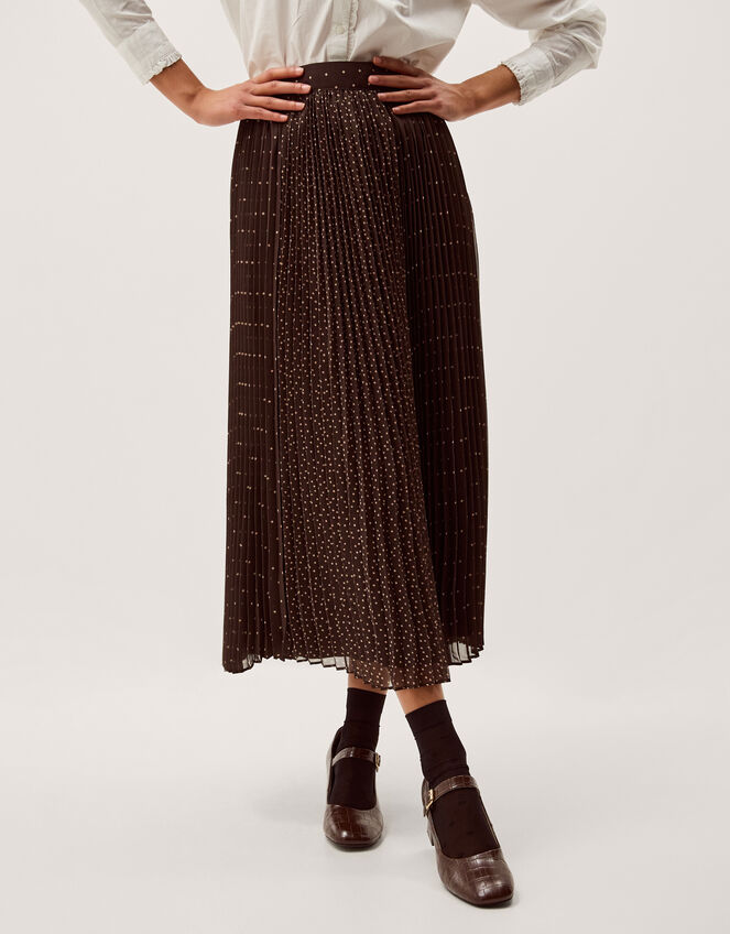 Demi Polka Dot Pleated Midi Skirt Brown