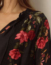 Camille V-Neck Floral Print Blouse, Black (BLACK), large
