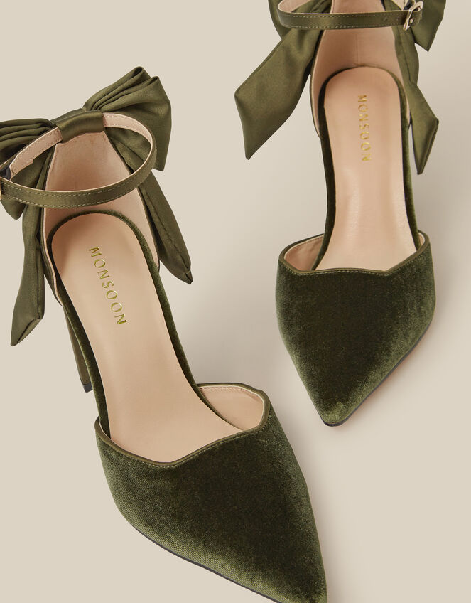 Viera Velvet Bow Pointed Toe Heels, Green (OLIVE), large