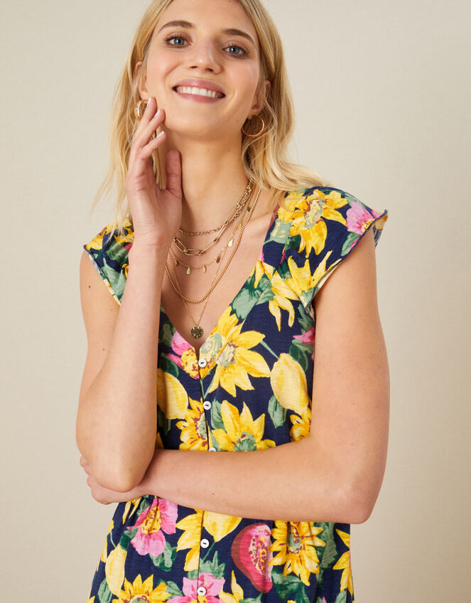 Floral Print Jersey Midi Dress , Blue (NAVY), large