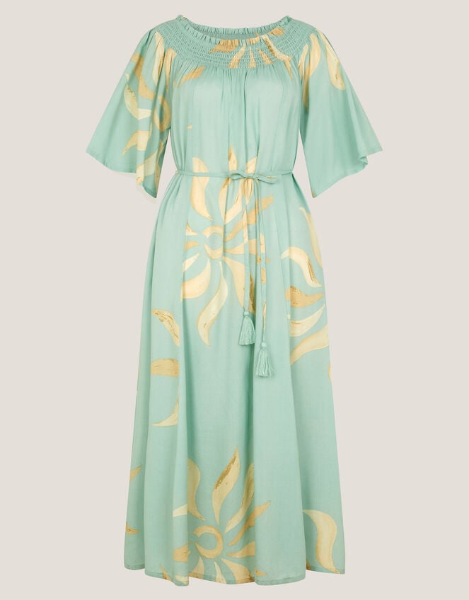 Tashie Sun Print Bardot Midi Dress, Blue (AQUA), large