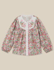 Floral Print Scallop Cotton Blouse, Green (GREEN), large