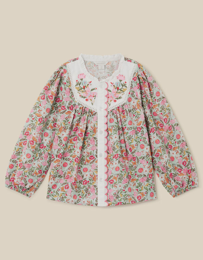 Floral Print Scallop Cotton Blouse, Green (GREEN), large