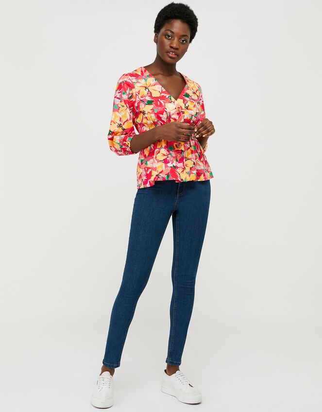 Verna Floral Blouse in Linen and Organic Cotton, Red (RED), large