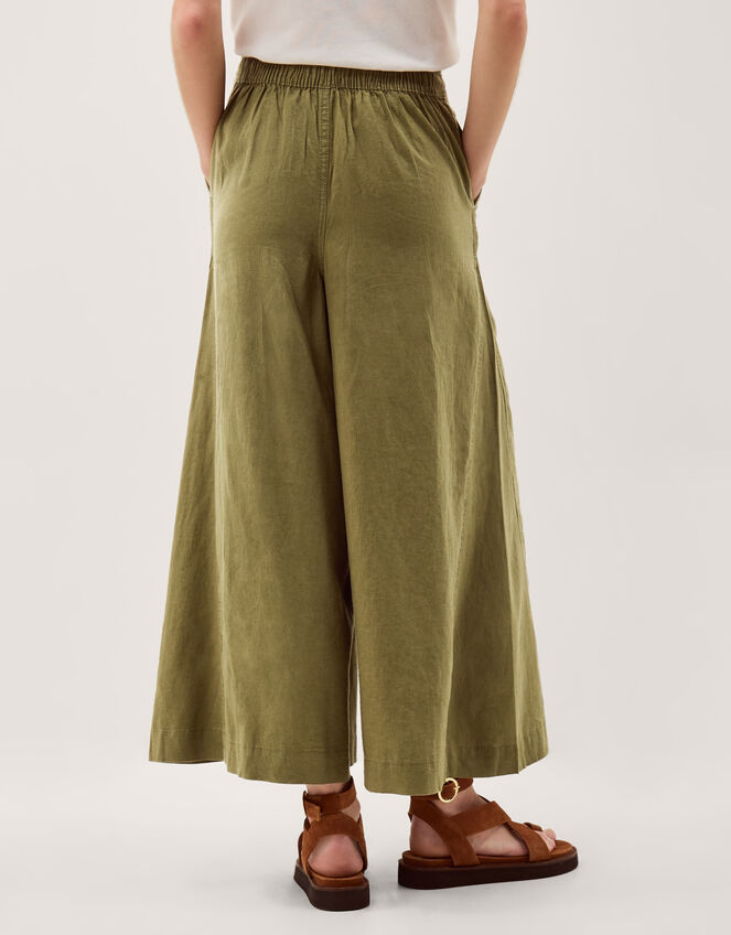 Maisie Linen Blend Cropped Wide Leg Trousers, Green (KHAKI), large