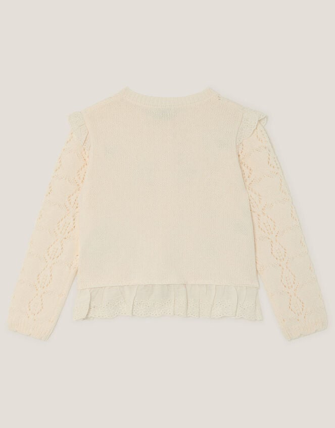 Embroidered Frill Pointelle Cardigan, Ivory (IVORY), large