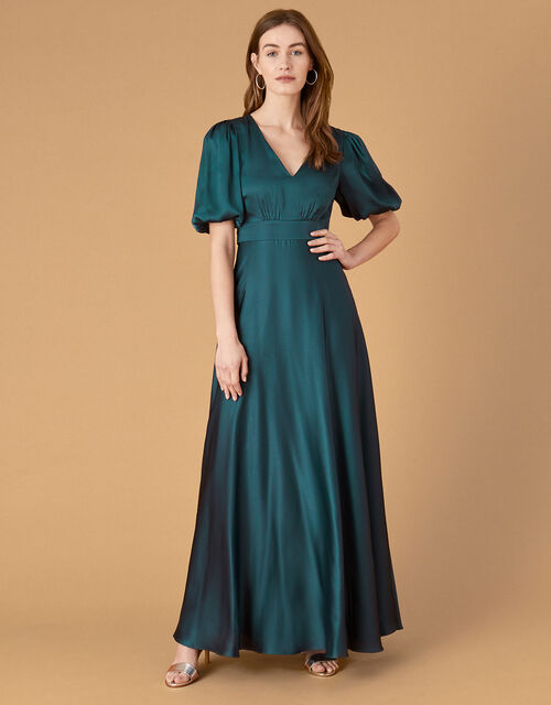 Kristen Puff Sleeve Satin Dress Teal | Evening Dresses | Monsoon UK.