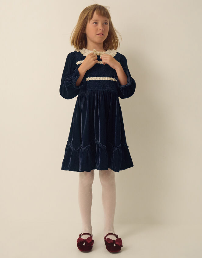 Pearl Smocked Velvet Dress, Blue (NAVY), large