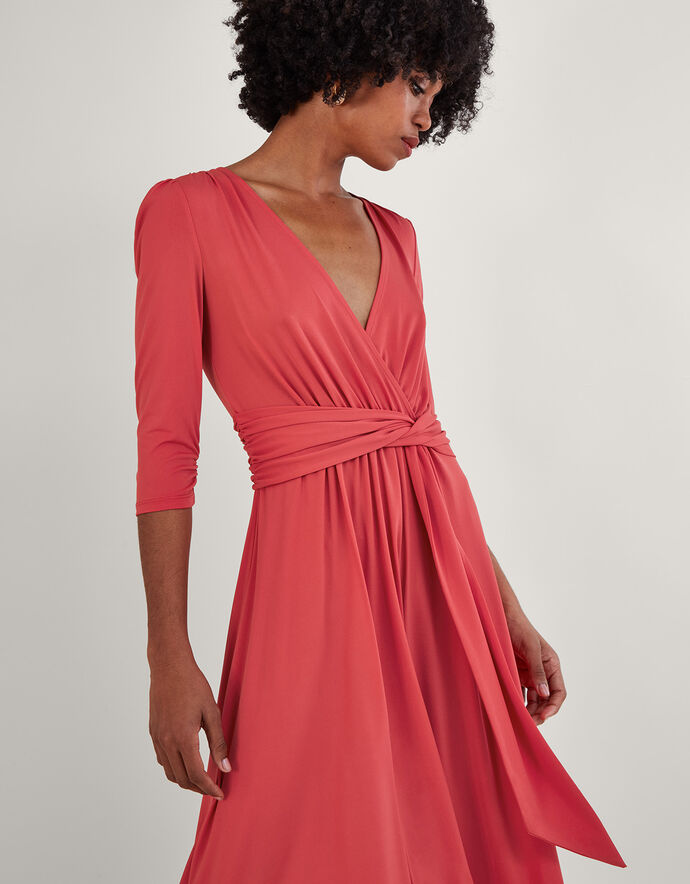 Jersey Wrap Front VNeck Dress with Recycled Polyester Pink Midi