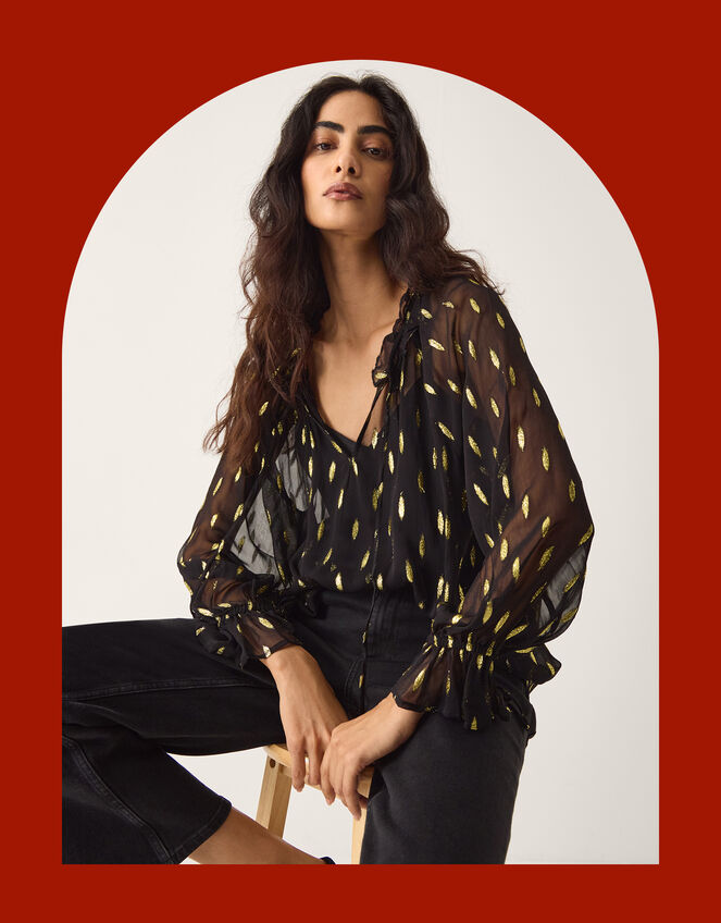 La Galeria Elefante Cowgirl Shimmer Blouse, Black (BLACK GOLD), large