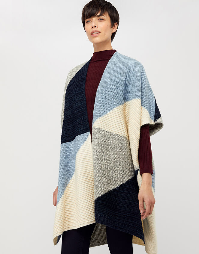 Polly Colour-Block Knit Poncho, Blue (BLUE), large